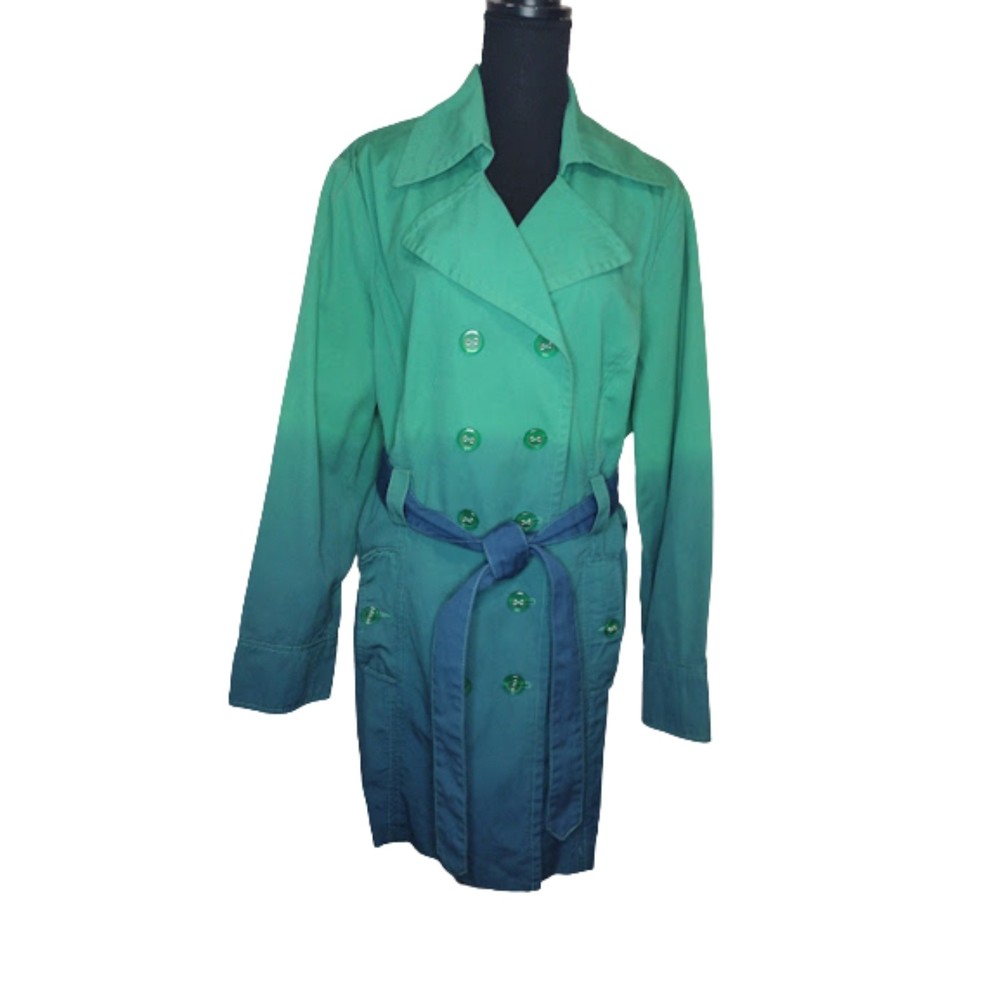 Bernardo Cotton Ombre Double Breasted Trench Coat Size 1X Green/Blue
